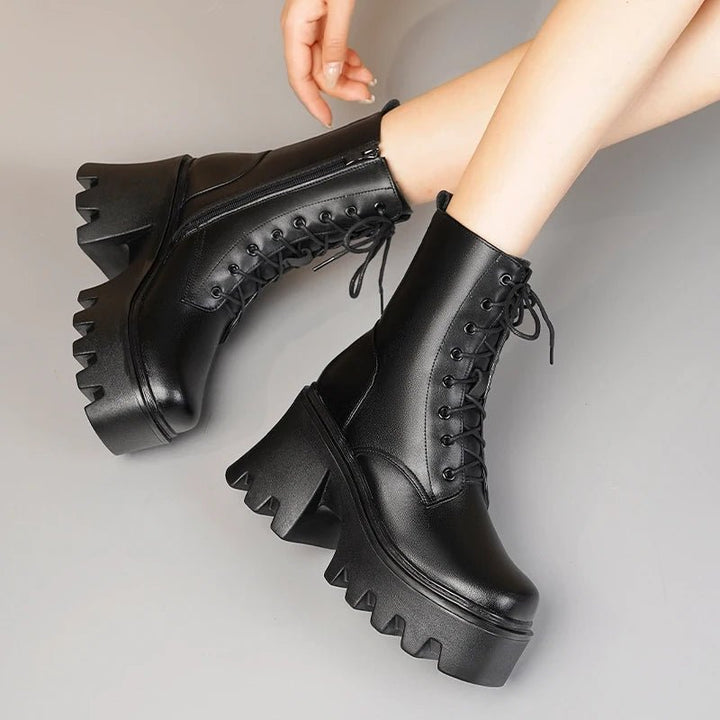 Genuine Leather High Heel Ankle Boots – Wool Lined Winter Biker Boots for Women - VeauBeauty