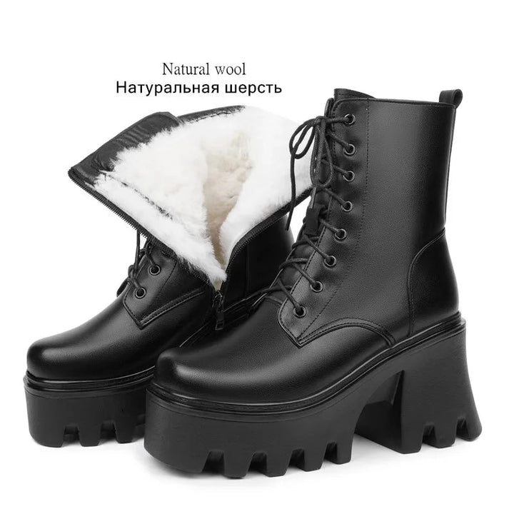 Genuine Leather High Heel Ankle Boots – Wool Lined Winter Biker Boots for Women - VeauBeauty