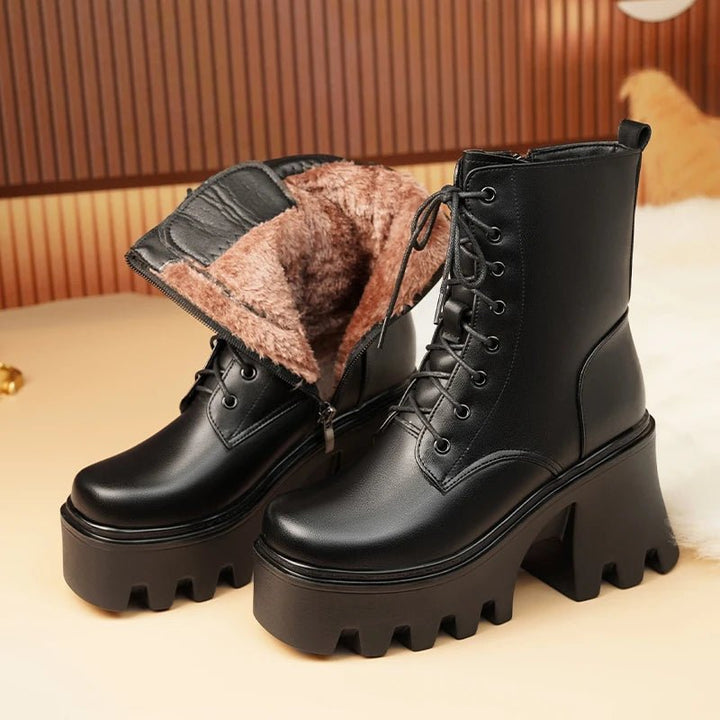 Genuine Leather High Heel Ankle Boots – Wool Lined Winter Biker Boots for Women - VeauBeauty