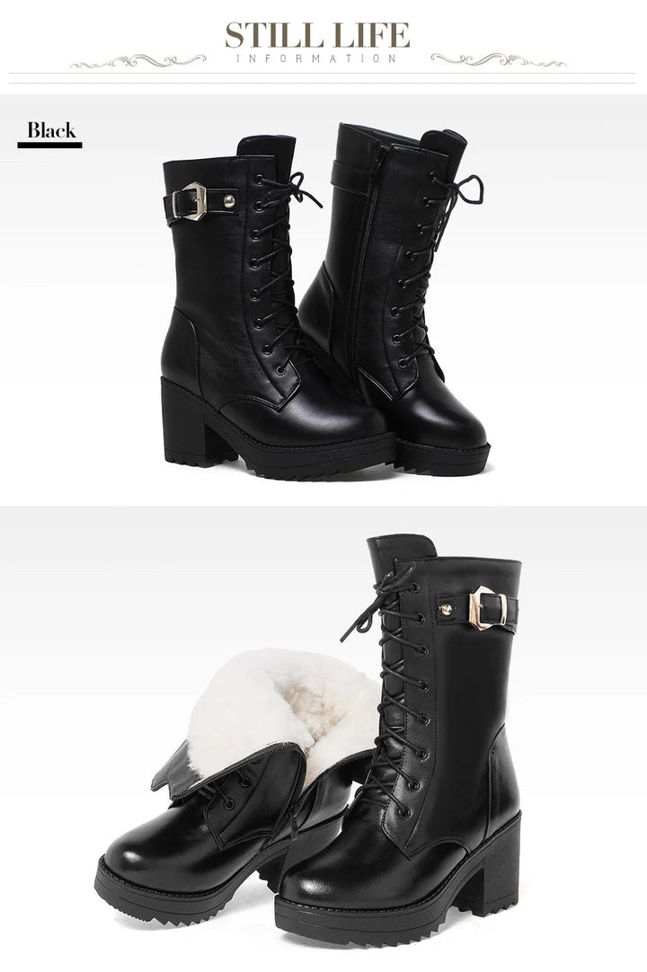 Genuine Leather High Heel Mid - Calf Snow Boots – Warm Wool Lined Winter Boots for Women - VeauBeauty