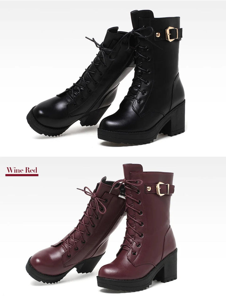 Genuine Leather High Heel Mid - Calf Snow Boots – Warm Wool Lined Winter Boots for Women - VeauBeauty