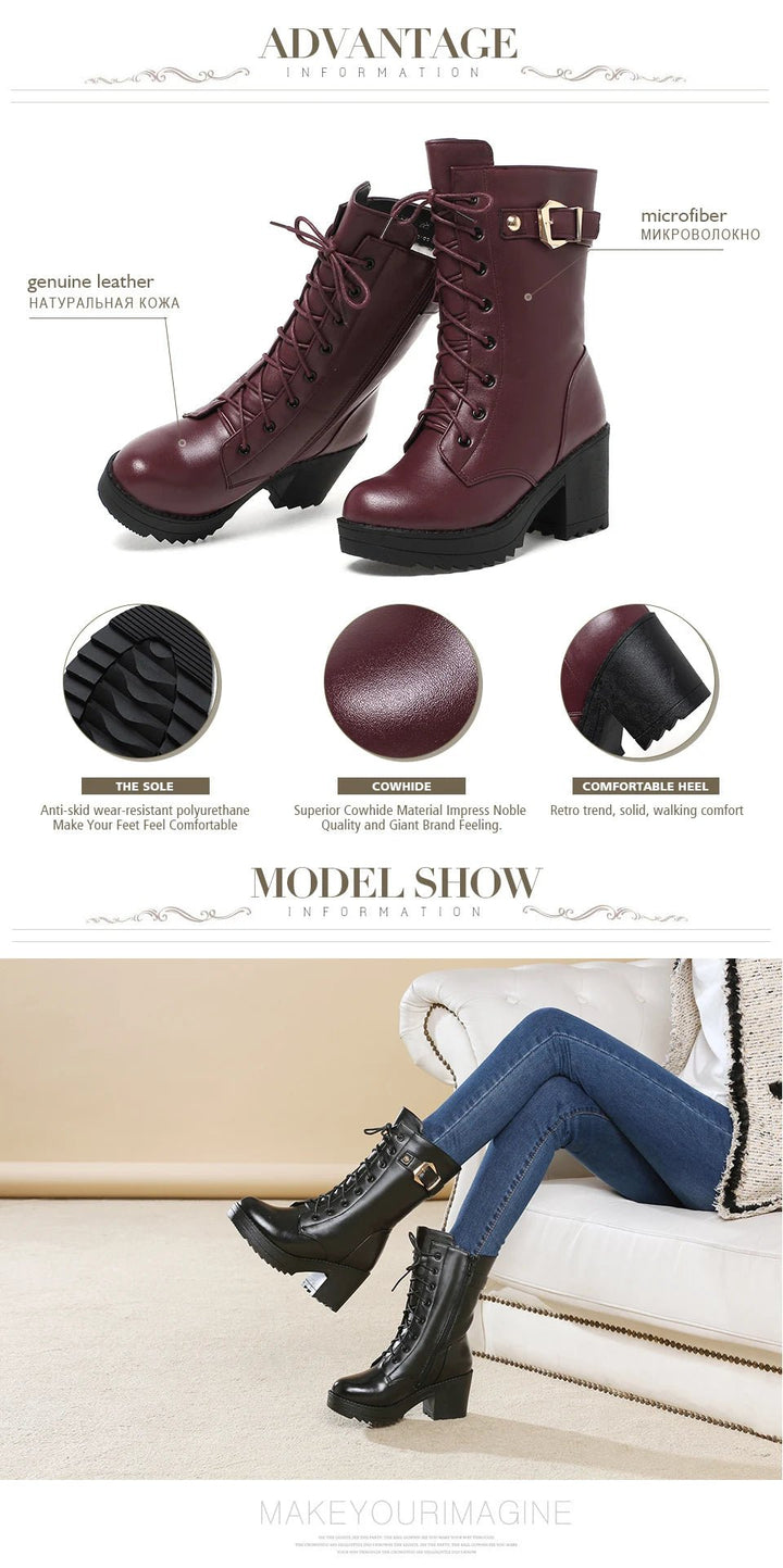 Genuine Leather High Heel Mid - Calf Snow Boots – Warm Wool Lined Winter Boots for Women - VeauBeauty