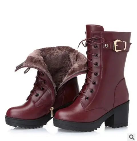 Genuine Leather High Heel Mid - Calf Snow Boots – Warm Wool Lined Winter Boots for Women - VeauBeauty