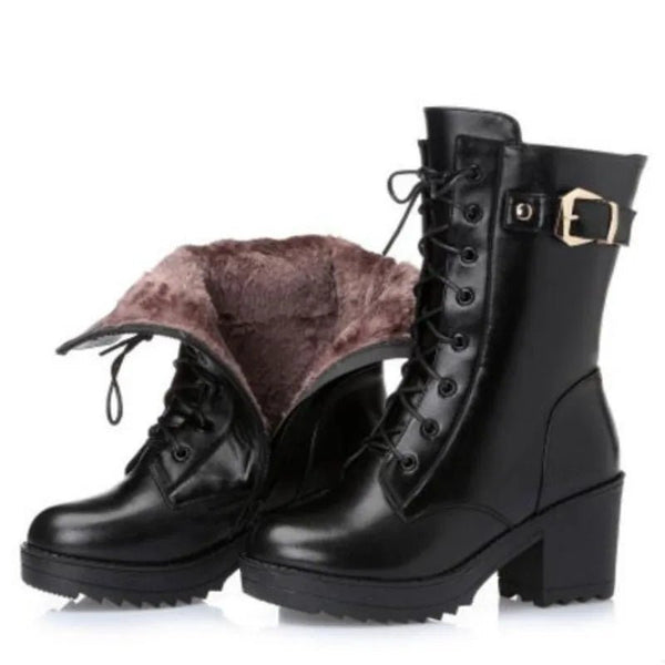Genuine Leather High Heel Mid - Calf Snow Boots – Warm Wool Lined Winter Boots for Women - VeauBeauty