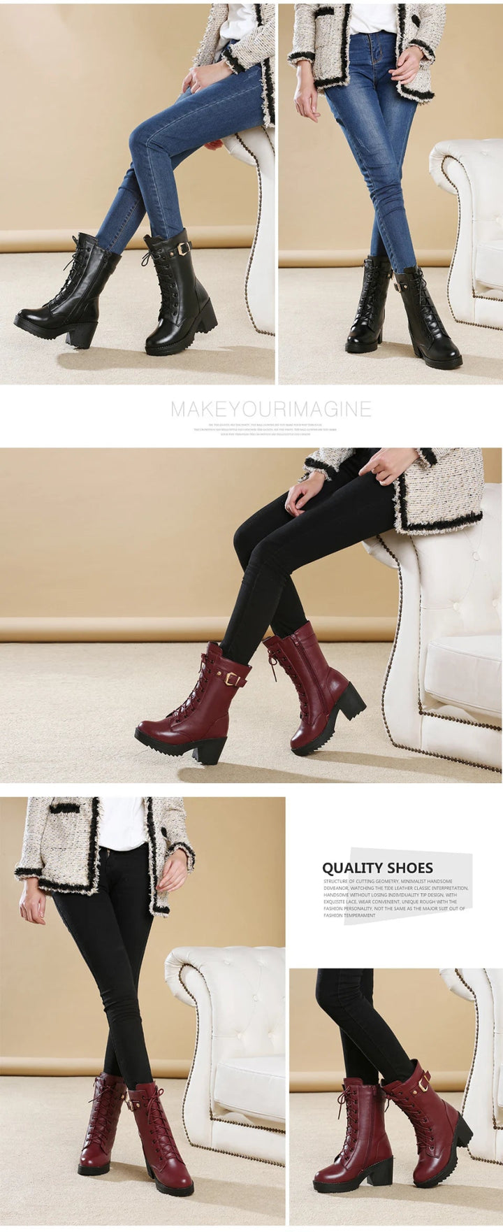 Genuine Leather High Heel Mid - Calf Snow Boots – Warm Wool Lined Winter Boots for Women - VeauBeauty