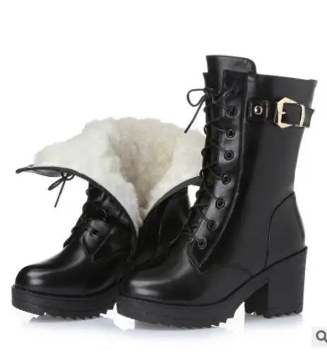 Genuine Leather High Heel Mid - Calf Snow Boots – Warm Wool Lined Winter Boots for Women - VeauBeauty