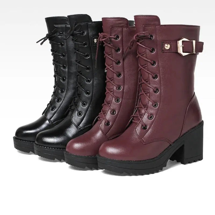Genuine Leather High Heel Mid - Calf Snow Boots – Warm Wool Lined Winter Boots for Women - VeauBeauty