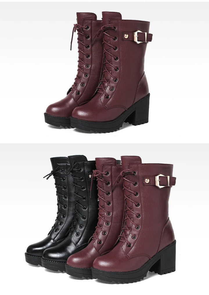 Genuine Leather High Heel Mid - Calf Snow Boots – Warm Wool Lined Winter Boots for Women - VeauBeauty