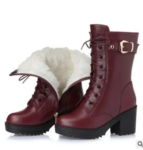 Genuine Leather High Heel Mid - Calf Snow Boots – Warm Wool Lined Winter Boots for Women - VeauBeauty