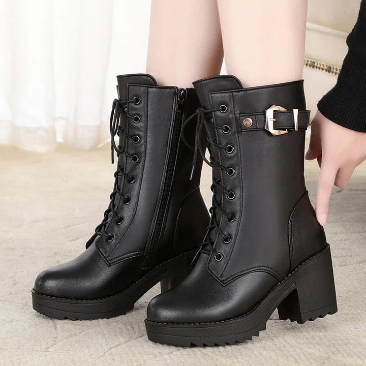 Genuine Leather High Heel Mid - Calf Snow Boots – Warm Wool Lined Winter Boots for Women - VeauBeauty