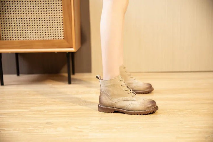 Genuine Leather Lace - Up Ankle Boots – Retro Suede Fur - Lined Women’s Booties - VeauBeauty