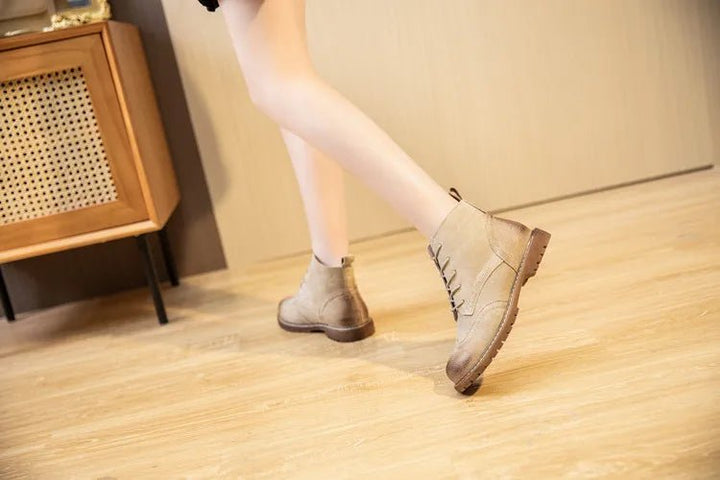 Genuine Leather Lace - Up Ankle Boots – Retro Suede Fur - Lined Women’s Booties - VeauBeauty