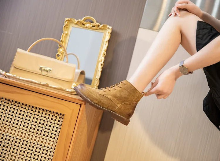 Genuine Leather Lace - Up Ankle Boots – Retro Suede Fur - Lined Women’s Booties - VeauBeauty