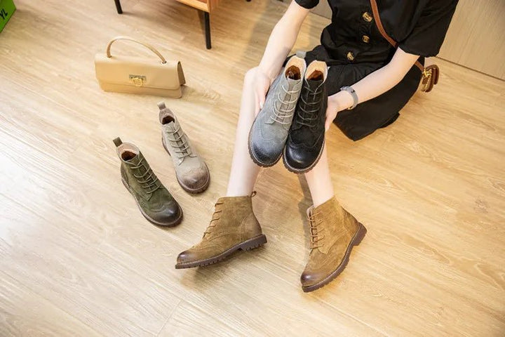 Genuine Leather Lace - Up Ankle Boots – Retro Suede Fur - Lined Women’s Booties - VeauBeauty
