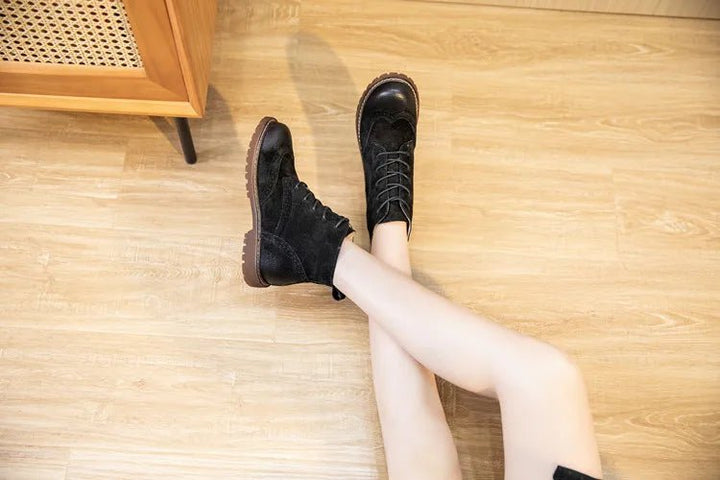 Genuine Leather Lace - Up Ankle Boots – Retro Suede Fur - Lined Women’s Booties - VeauBeauty