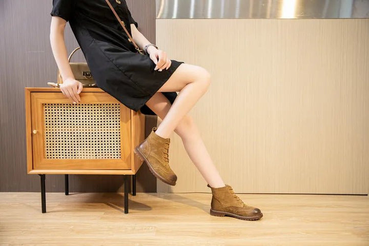 Genuine Leather Lace - Up Ankle Boots – Retro Suede Fur - Lined Women’s Booties - VeauBeauty