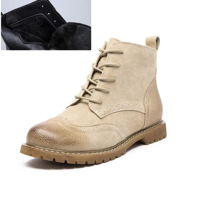 Genuine Leather Lace - Up Ankle Boots – Retro Suede Fur - Lined Women’s Booties - VeauBeauty