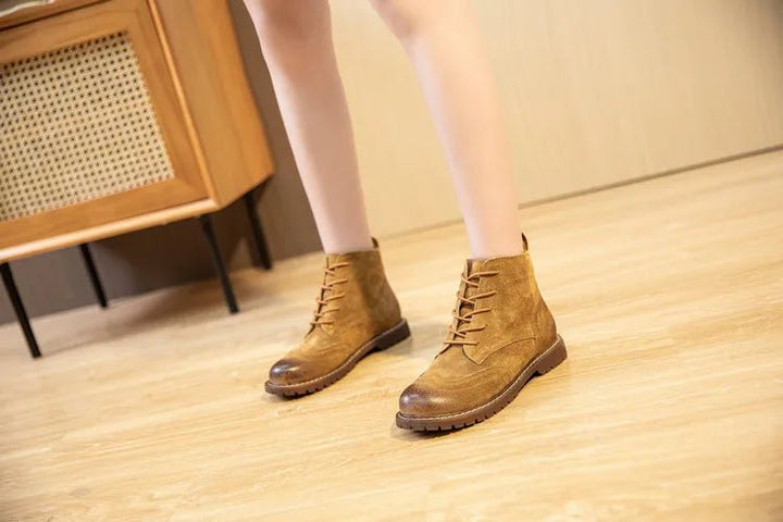 Genuine Leather Lace - Up Ankle Boots – Retro Suede Fur - Lined Women’s Booties - VeauBeauty
