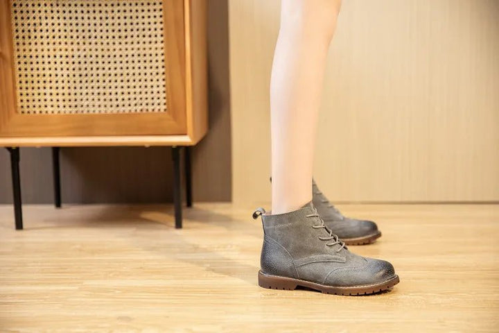 Genuine Leather Lace - Up Ankle Boots – Retro Suede Fur - Lined Women’s Booties - VeauBeauty