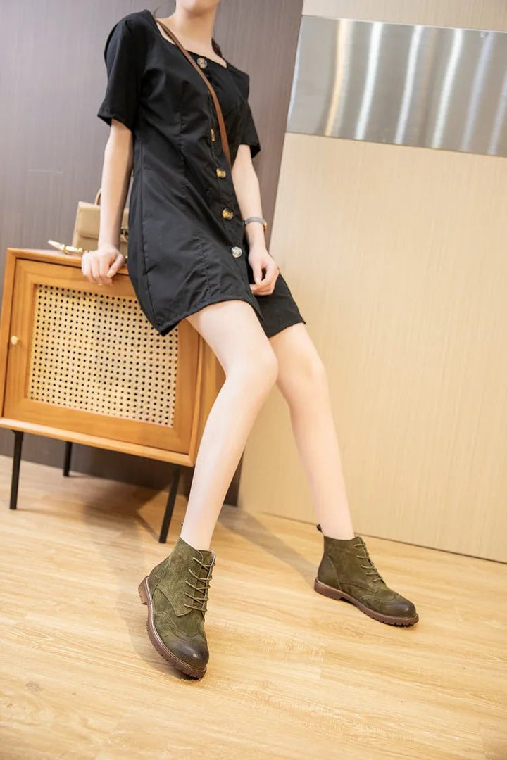 Genuine Leather Lace - Up Ankle Boots – Retro Suede Fur - Lined Women’s Booties - VeauBeauty