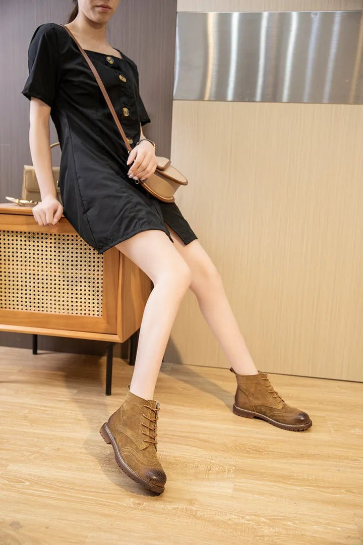 Genuine Leather Lace - Up Ankle Boots – Retro Suede Fur - Lined Women’s Booties - VeauBeauty