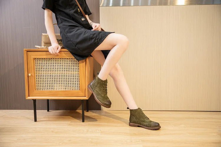 Genuine Leather Lace - Up Ankle Boots – Retro Suede Fur - Lined Women’s Booties - VeauBeauty
