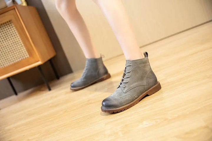 Genuine Leather Lace - Up Ankle Boots – Retro Suede Fur - Lined Women’s Booties - VeauBeauty