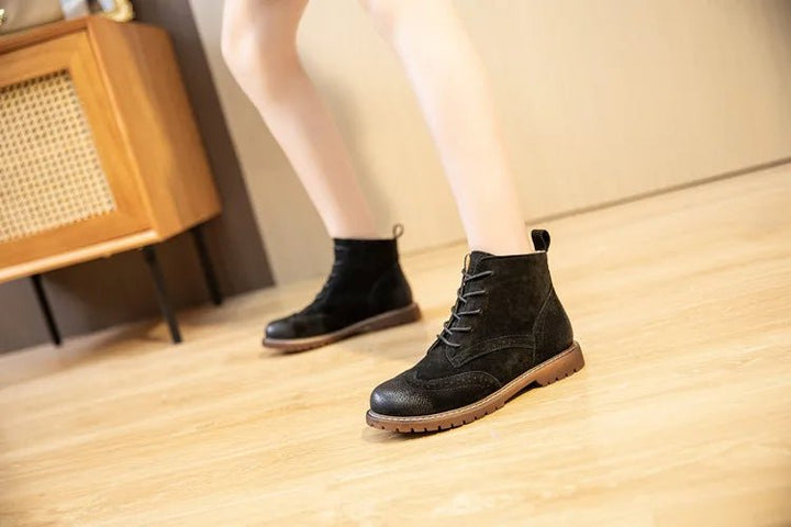 Genuine Leather Lace - Up Ankle Boots – Retro Suede Fur - Lined Women’s Booties - VeauBeauty