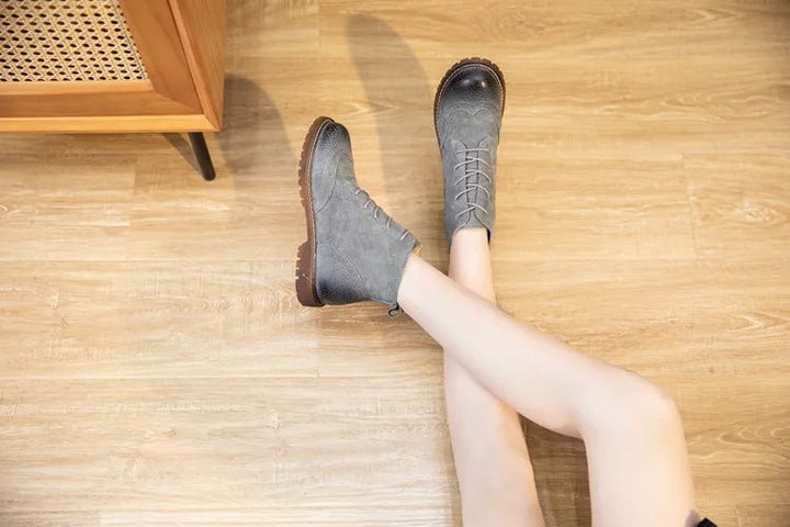 Genuine Leather Lace - Up Ankle Boots – Retro Suede Fur - Lined Women’s Booties - VeauBeauty