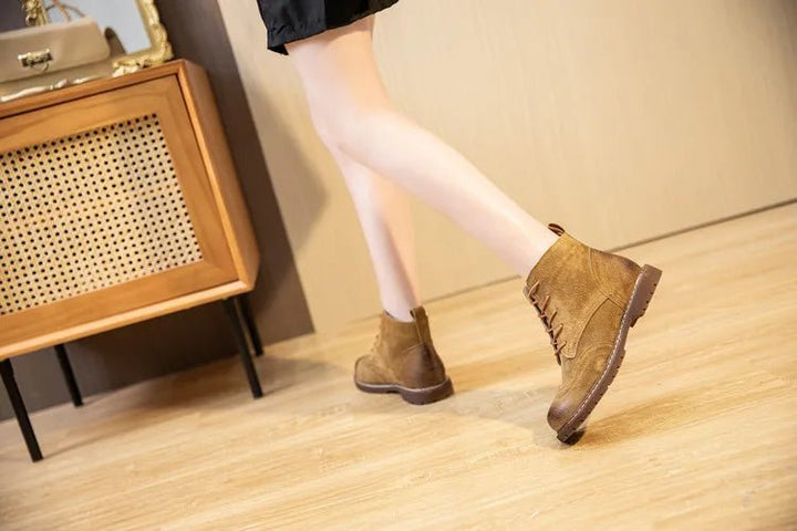 Genuine Leather Lace - Up Ankle Boots – Retro Suede Fur - Lined Women’s Booties - VeauBeauty