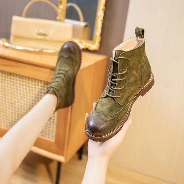 Genuine Leather Lace - Up Ankle Boots – Retro Suede Fur - Lined Women’s Booties - VeauBeauty