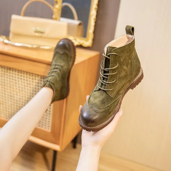 Genuine Leather Lace - Up Ankle Boots – Retro Suede Fur - Lined Women’s Booties - VeauBeauty