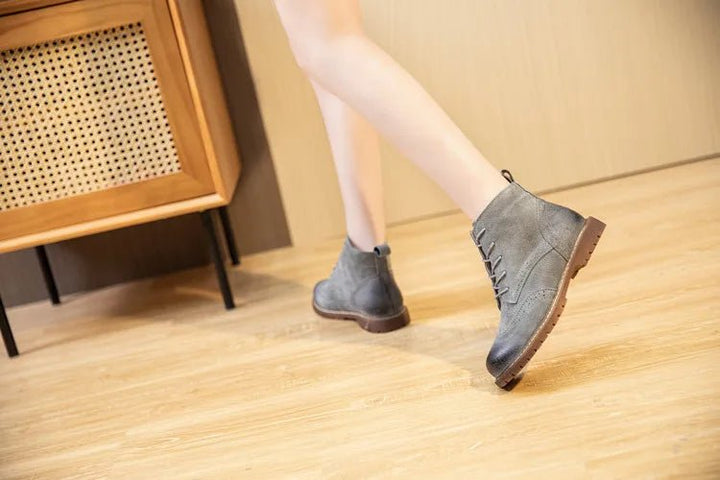 Genuine Leather Lace - Up Ankle Boots – Retro Suede Fur - Lined Women’s Booties - VeauBeauty