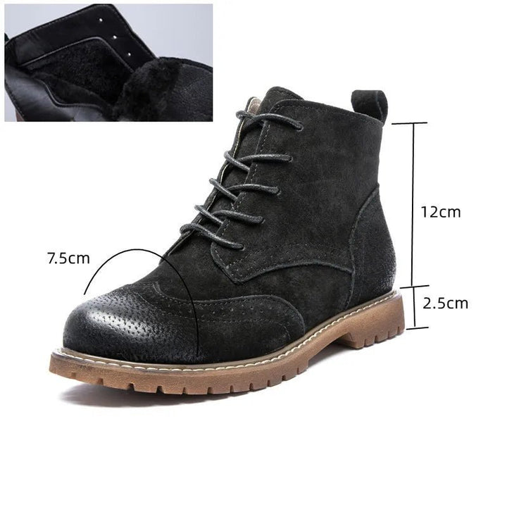 Genuine Leather Lace - Up Ankle Boots – Retro Suede Fur - Lined Women’s Booties - VeauBeauty