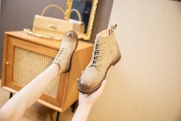 Genuine Leather Lace - Up Ankle Boots – Retro Suede Fur - Lined Women’s Booties - VeauBeauty