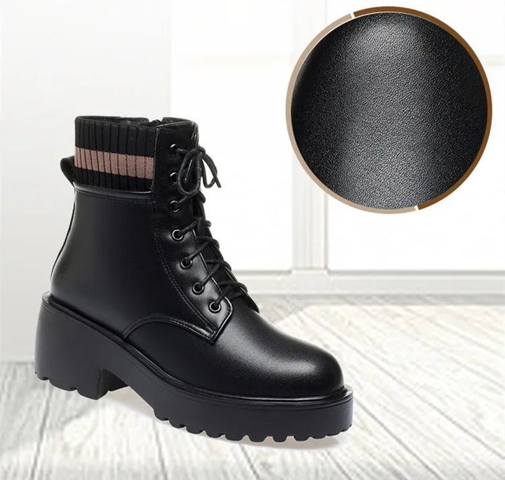 Genuine Leather Warm Sock Boots – Women’s Winter Zip Short Boots Large Size - VeauBeauty