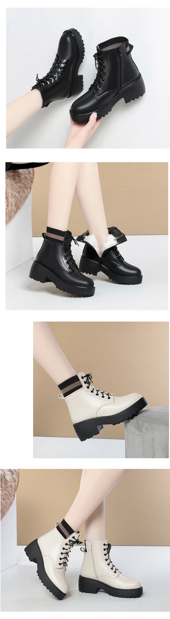 Genuine Leather Warm Sock Boots – Women’s Winter Zip Short Boots Large Size - VeauBeauty