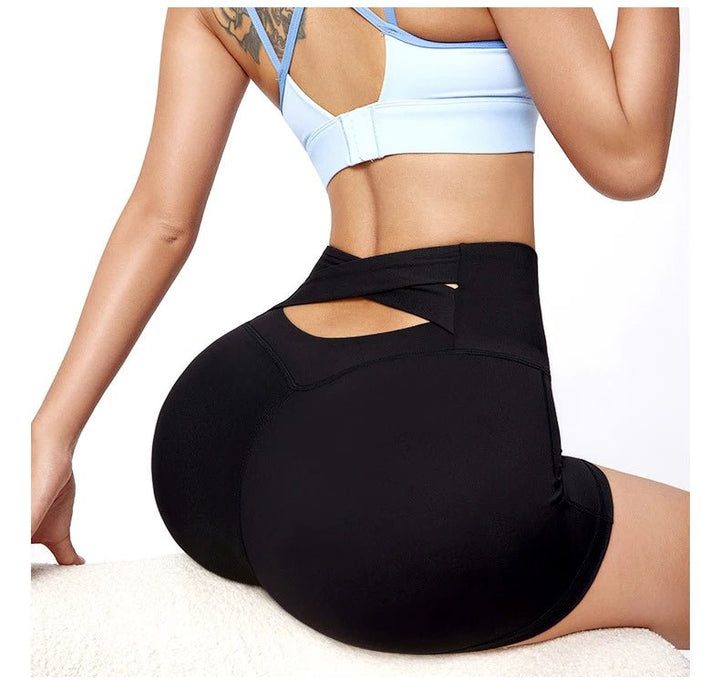 High Waist Hip Lift Yoga Shorts – Women's Cross Back Workout Fitness Biker Shorts - VeauBeauty
