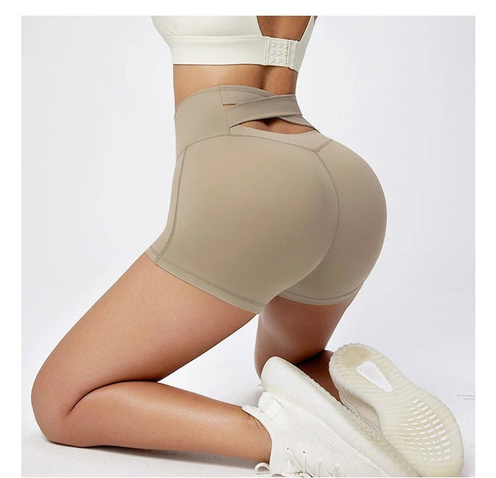 High Waist Hip Lift Yoga Shorts – Women's Cross Back Workout Fitness Biker Shorts - VeauBeauty