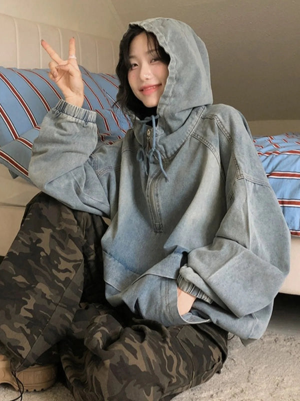 Hooded Denim Short Coat – Loose Fit Winter Outerwear for Women 2025 - VeauBeauty