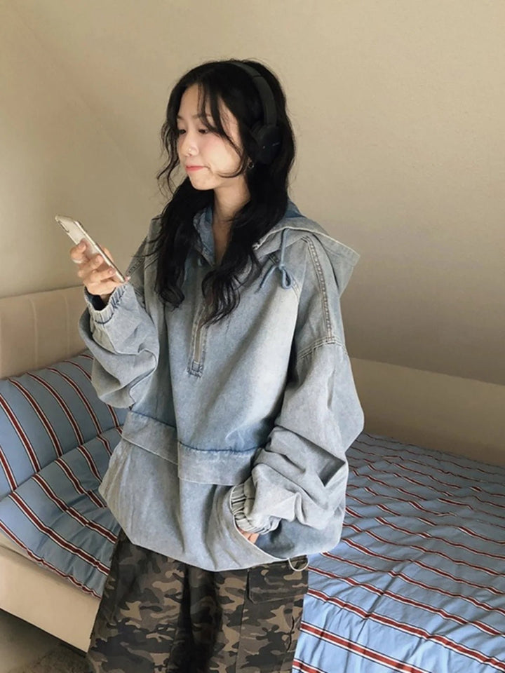 Hooded Denim Short Coat – Loose Fit Winter Outerwear for Women 2025 - VeauBeauty