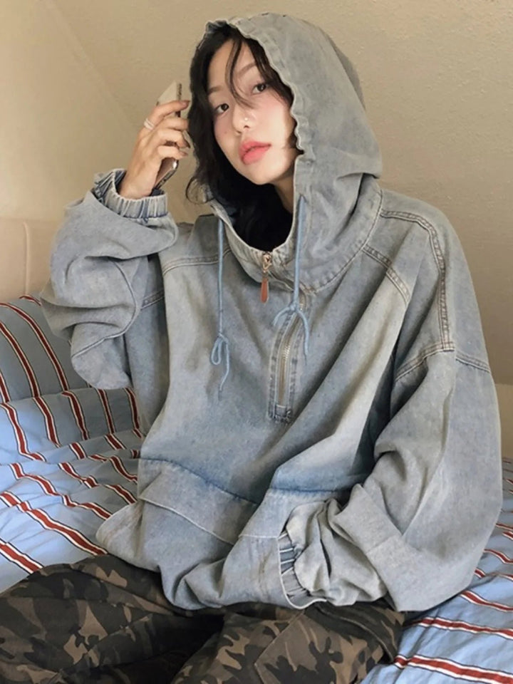 Hooded Denim Short Coat – Loose Fit Winter Outerwear for Women 2025 - VeauBeauty