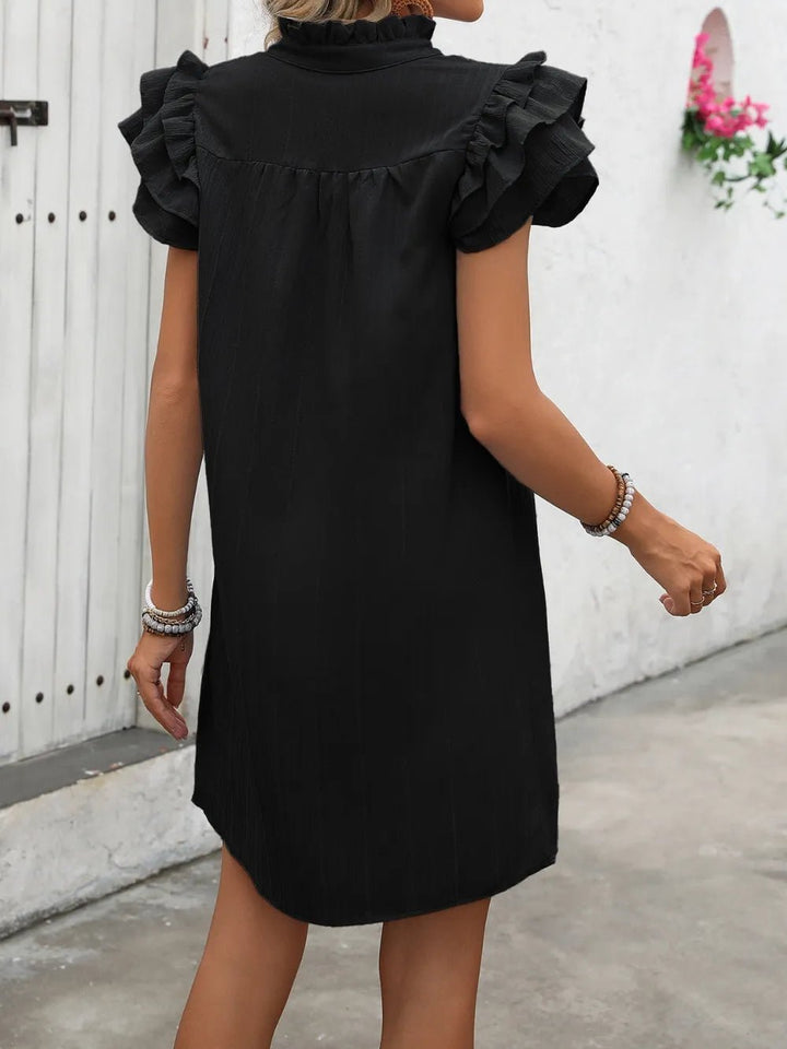 Ivy Lane Ruffled Notched Cap Sleeve Mini Dress - VeauBeauty