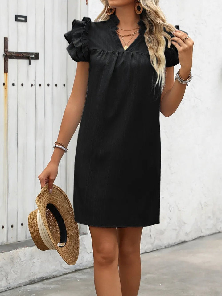 Ivy Lane Ruffled Notched Cap Sleeve Mini Dress - VeauBeauty