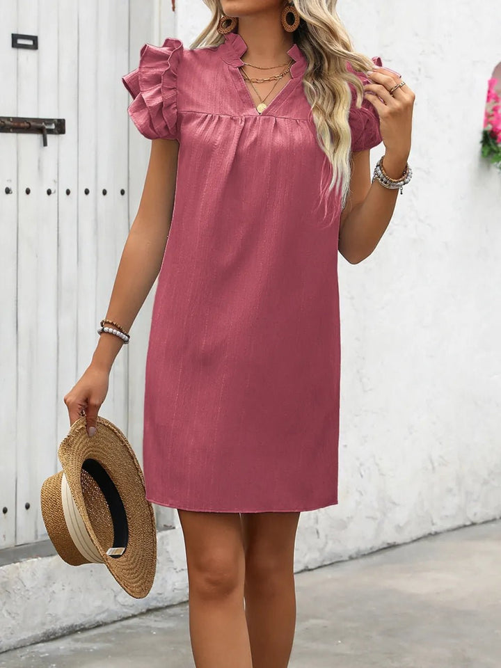 Ivy Lane Ruffled Notched Cap Sleeve Mini Dress - VeauBeauty