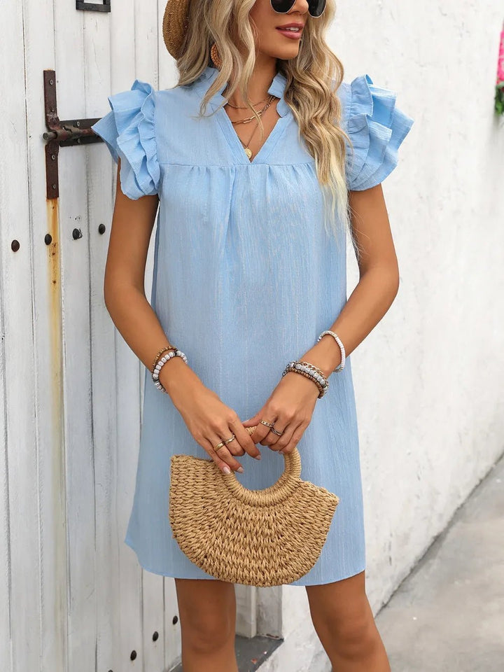 Ivy Lane Ruffled Notched Cap Sleeve Mini Dress - VeauBeauty
