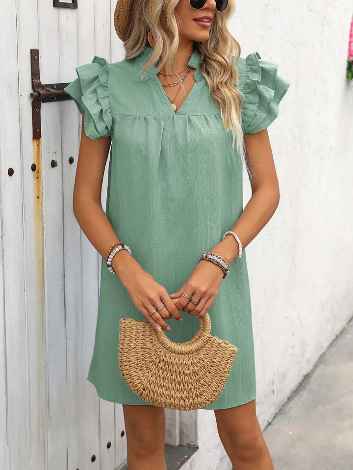 Ivy Lane Ruffled Notched Cap Sleeve Mini Dress - VeauBeauty