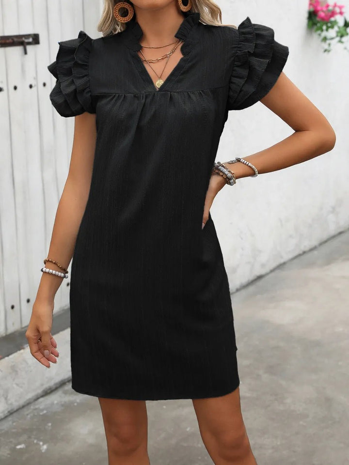 Ivy Lane Ruffled Notched Cap Sleeve Mini Dress - VeauBeauty