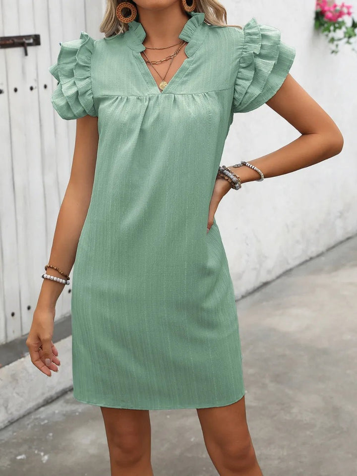 Ivy Lane Ruffled Notched Cap Sleeve Mini Dress - VeauBeauty