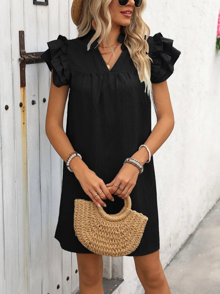 Ivy Lane Ruffled Notched Cap Sleeve Mini Dress - VeauBeauty